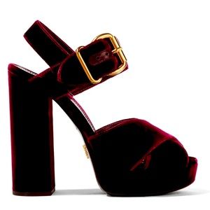 PRADA Dark Red Velvet Platform Heeled Sandals with Gold Buckle